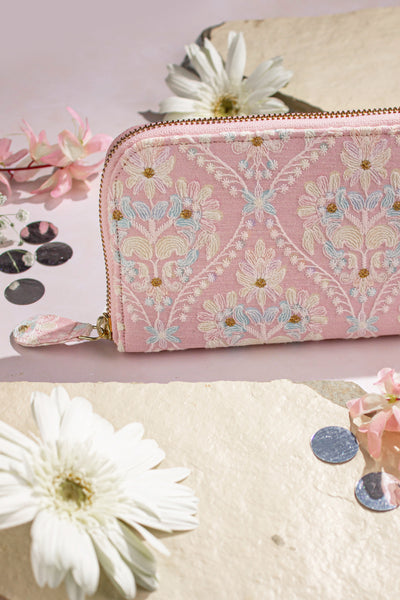 Anaqat Silk Embroidered Wallet Baby Pink