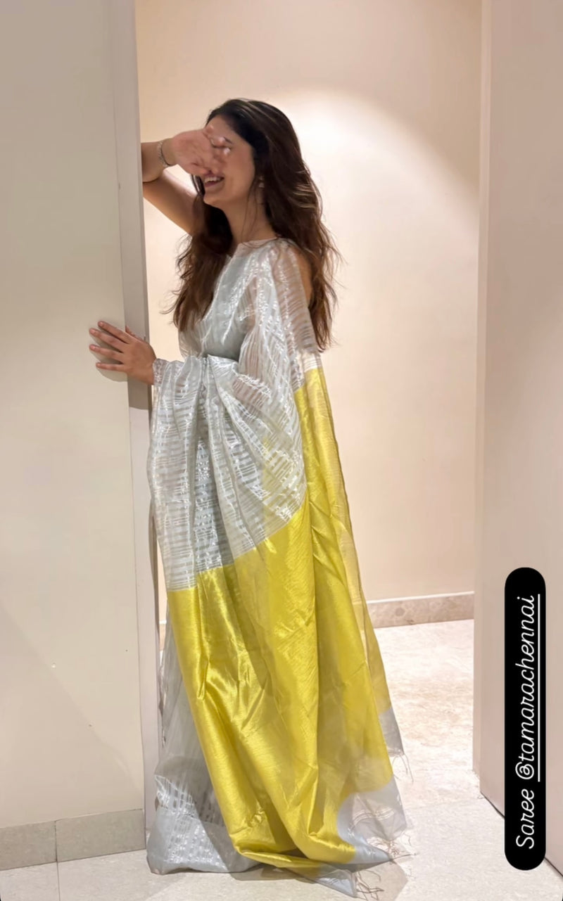 EXP - Anika - Handwoven Silk Cotton Saree - Moon Mist + Key Lime