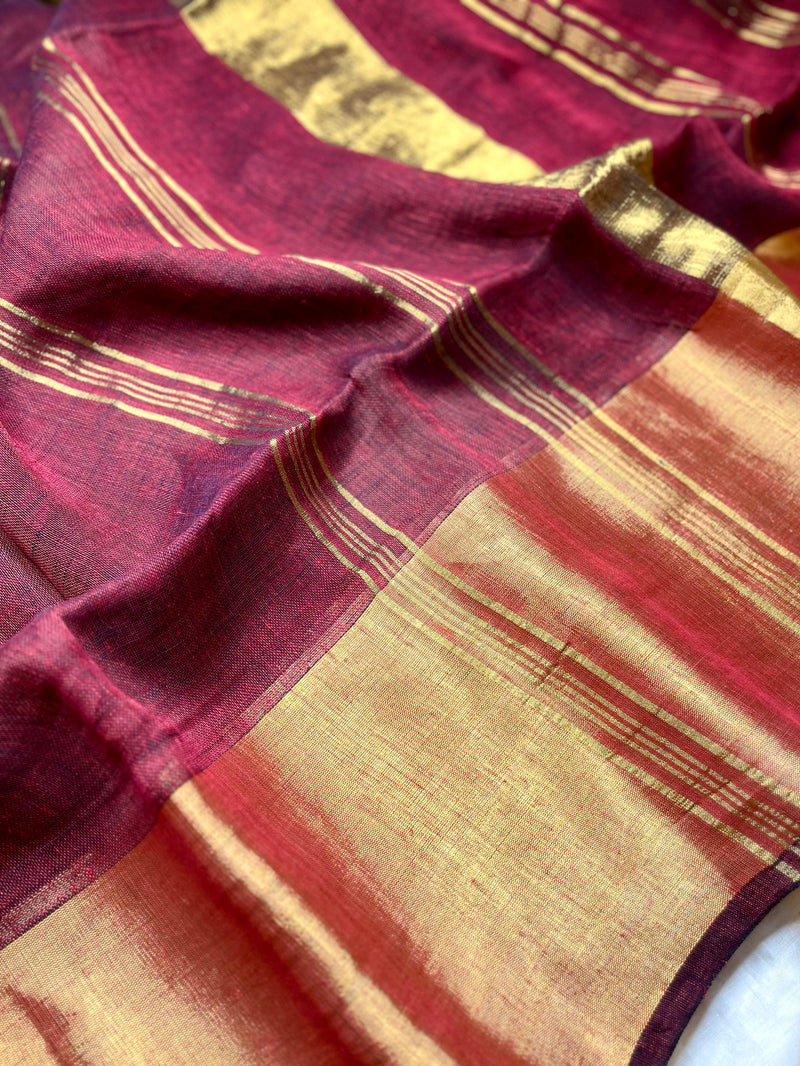 Handwoven Linen Saree - Flush Maroon + Gold