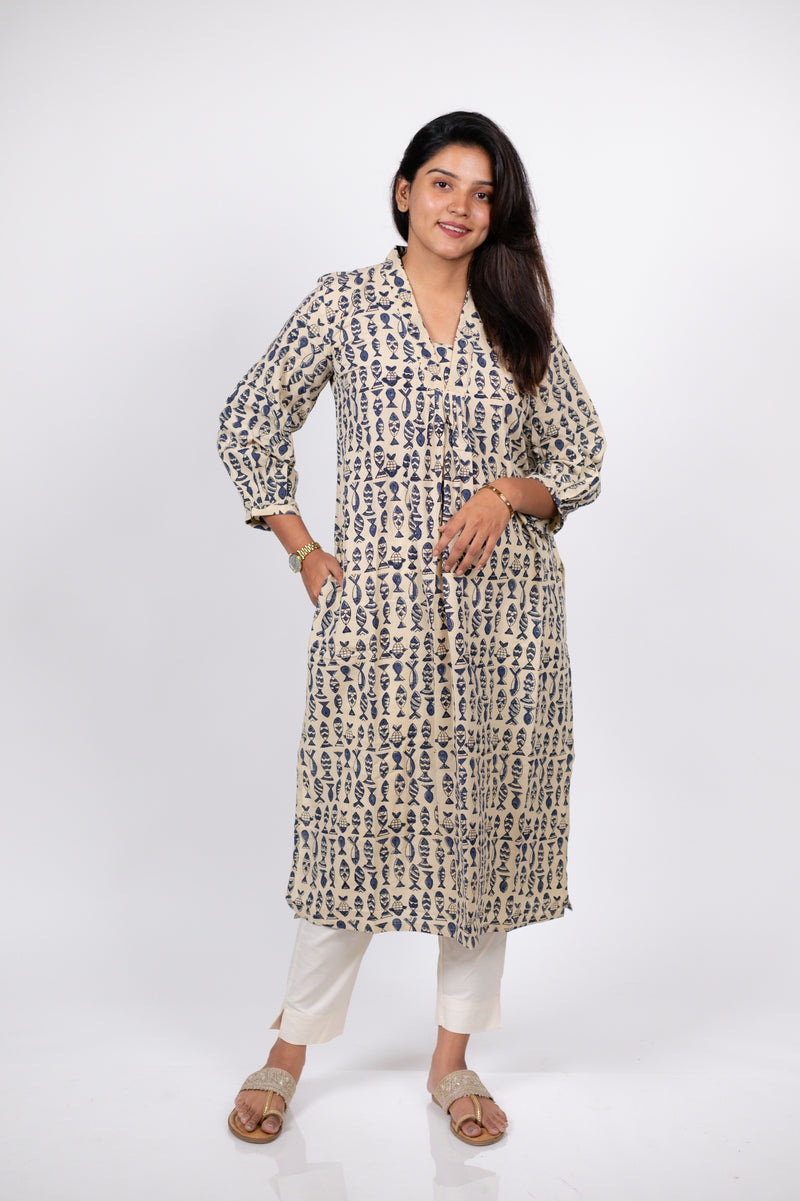 Blue Fish Print Kurta