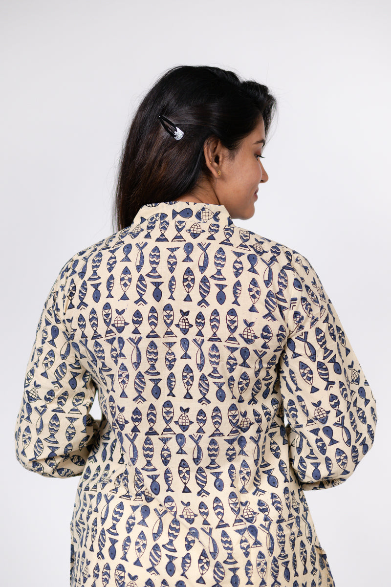 Blue Fish Print Kurta