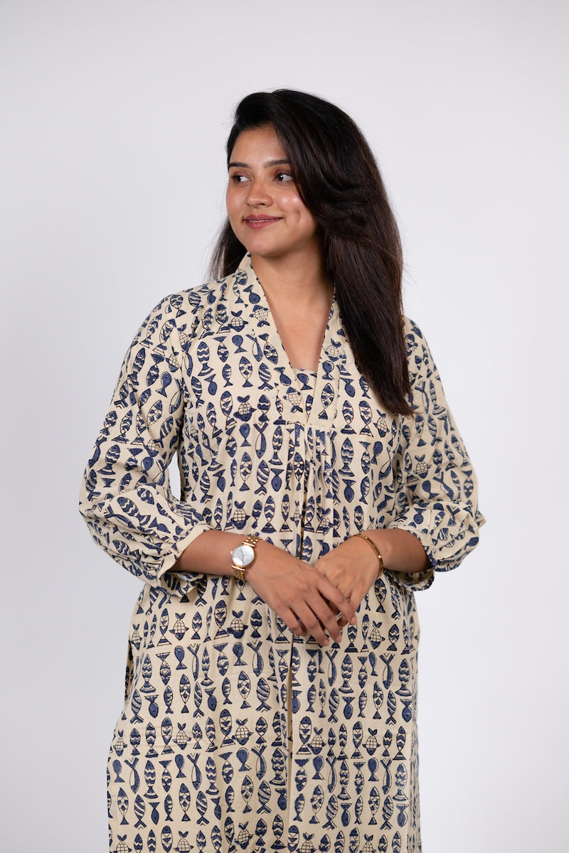 Blue Fish Print Kurta