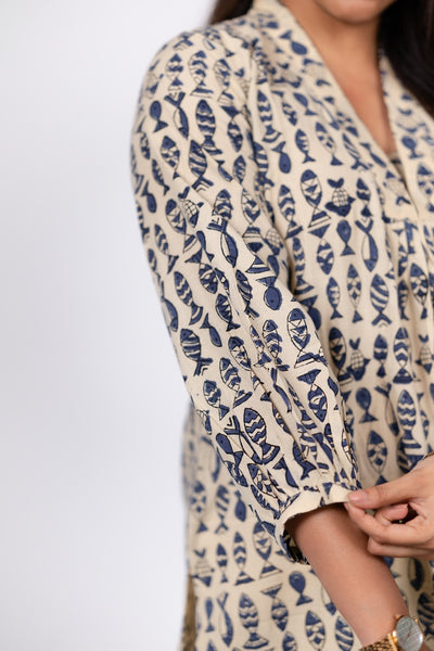 Blue Fish Print Kurta