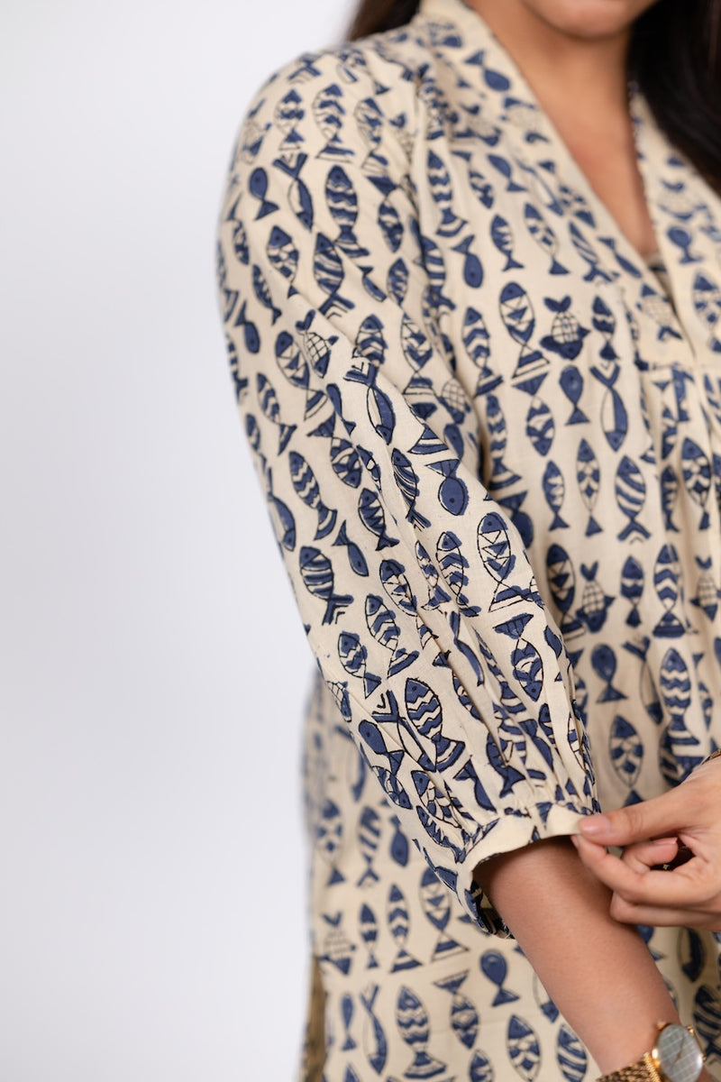 Blue Fish Print Kurta
