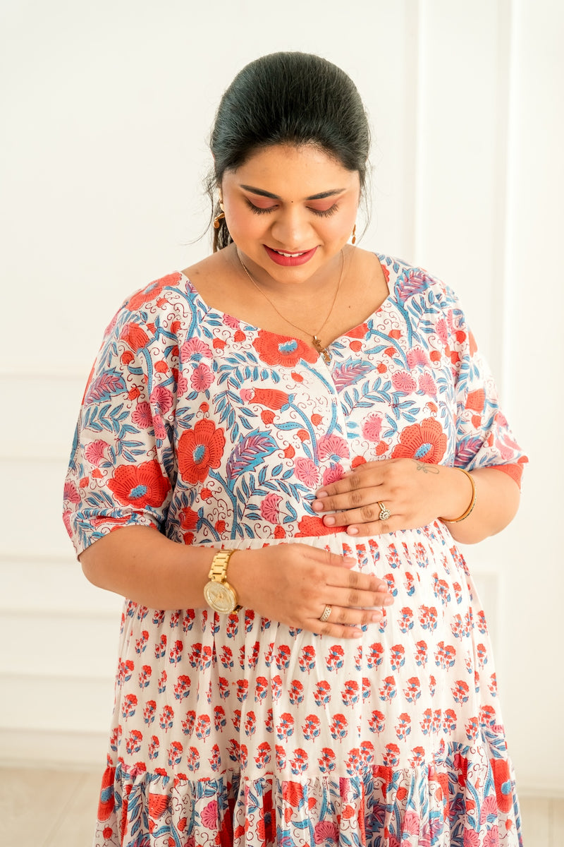 Tangerine Floral Maternity Feeding Dress