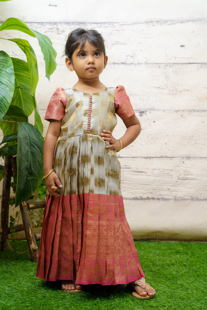 EXP - Silver & Pink Gold Zari Border Tissue Dress