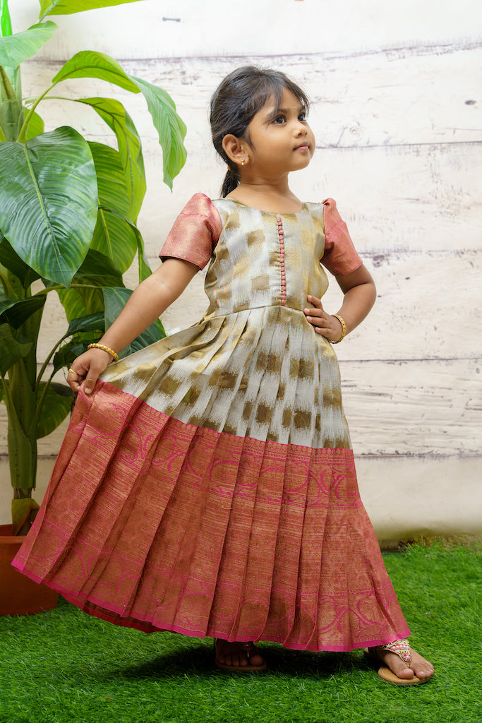 EXP - Silver and Pink Gold Zari Border Tissue Dress