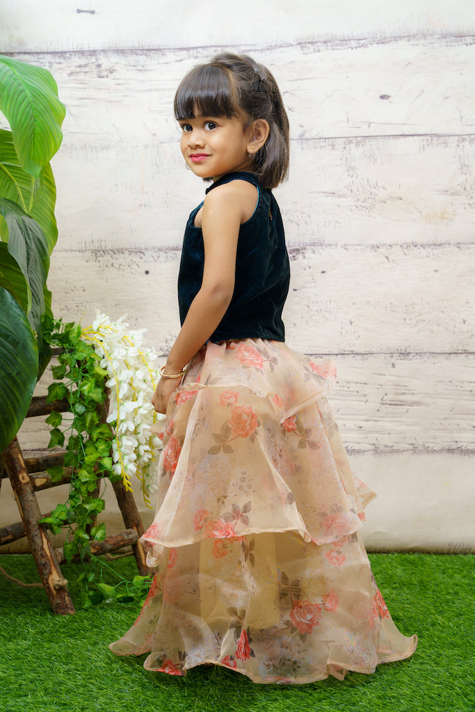 EXP Teal Velvet Crop Top and Organza Layered Skirt – Tamara