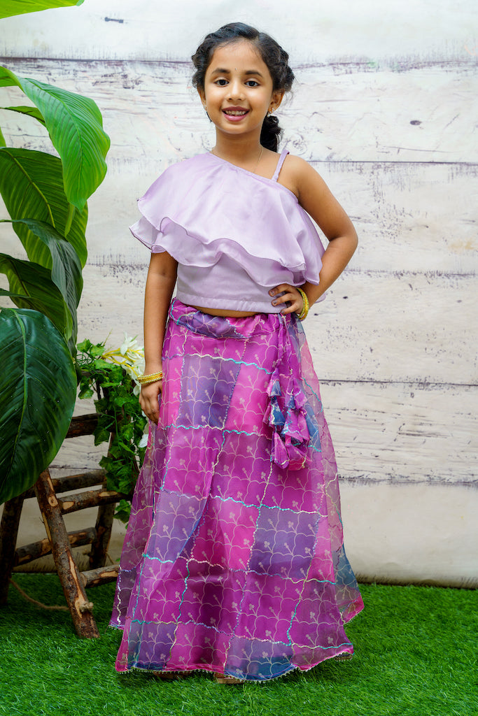EXP - Lavender crop top and multicolour Organza skirt