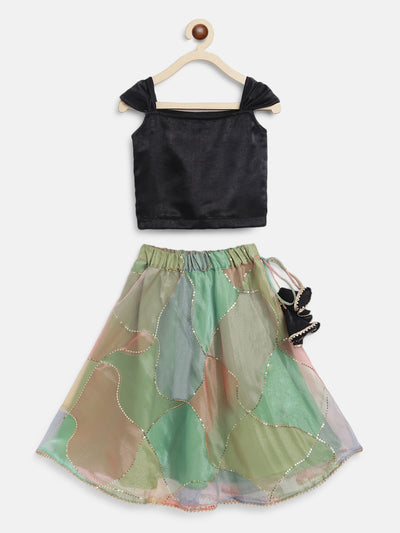 Black crop top and multicolour Organza skirt