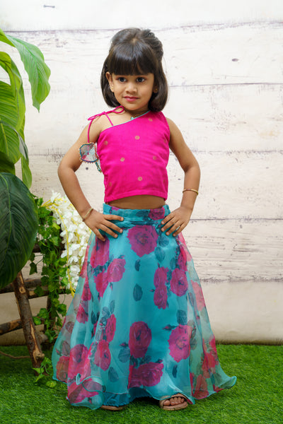 EXP - Pink Dupion Crop top and green floral print Organza Skirt