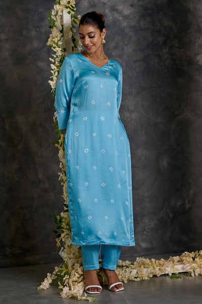 EXP - Blue Bandhani High Slit Modal Satin Kurta