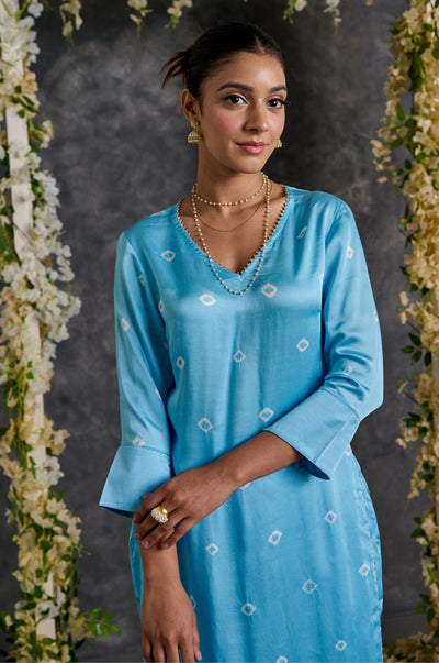 EXP - Blue Bandhani High Slit Modal Satin Kurta
