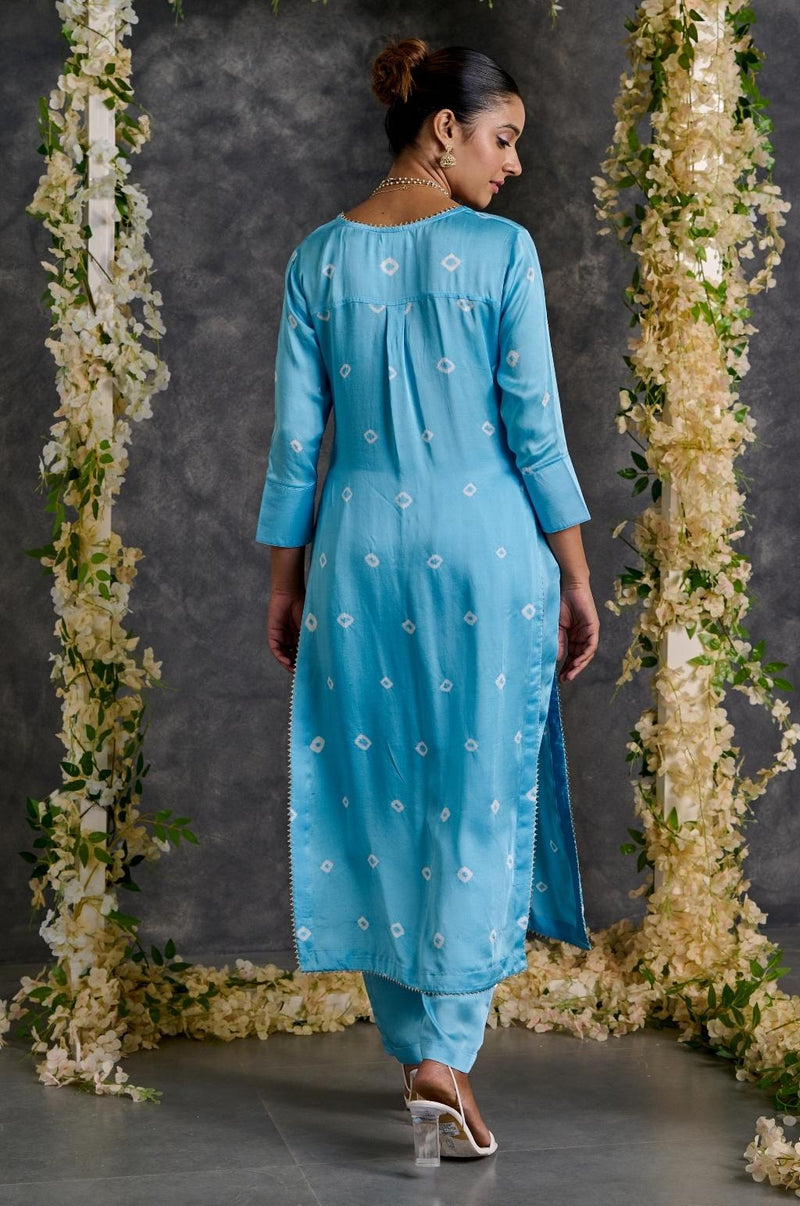 EXP - Blue Bandhani High Slit Modal Satin Kurta