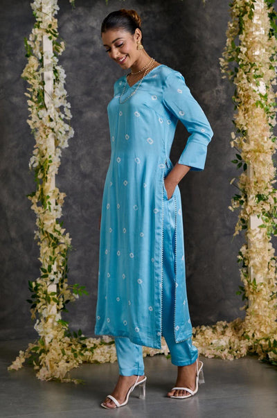 EXP - Blue Bandhani High Slit Modal Satin Kurta