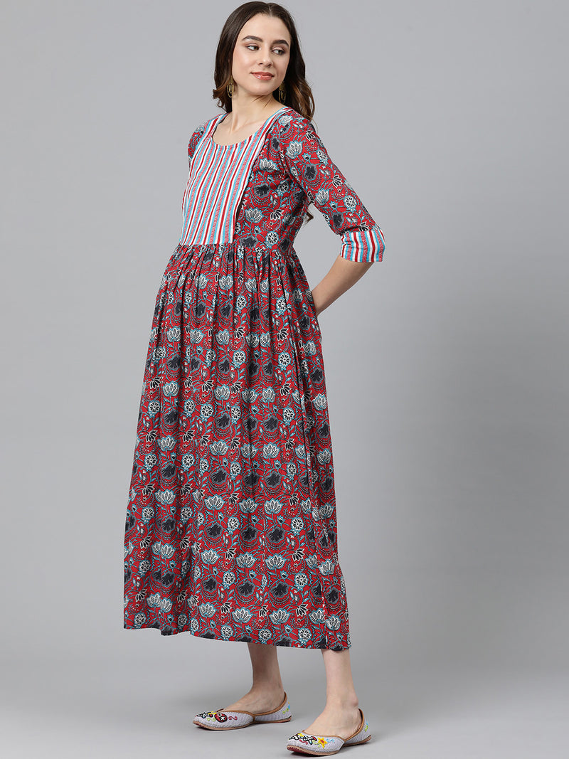 EXP - Scarlet Red Printed Patch  Nursing  Dress