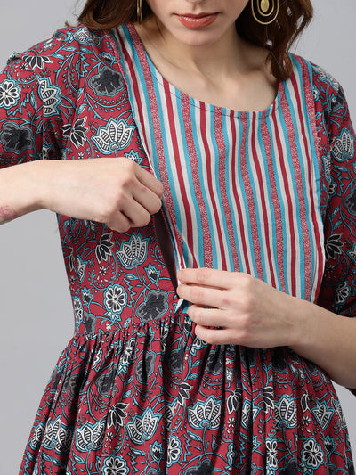 EXP - Scarlet Red Printed Patch  Nursing  Dress