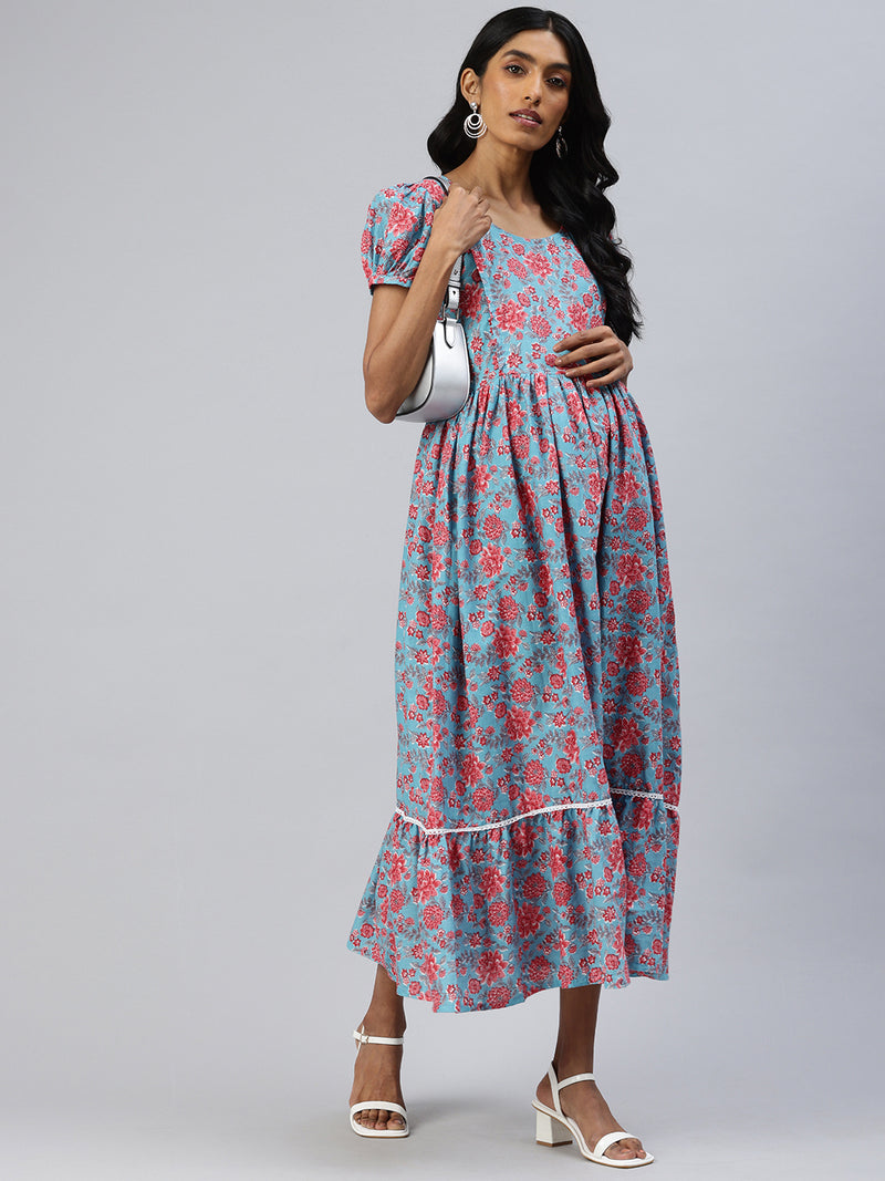 EXP - Yash Blue And Red Floral Print  Nursing  Dress