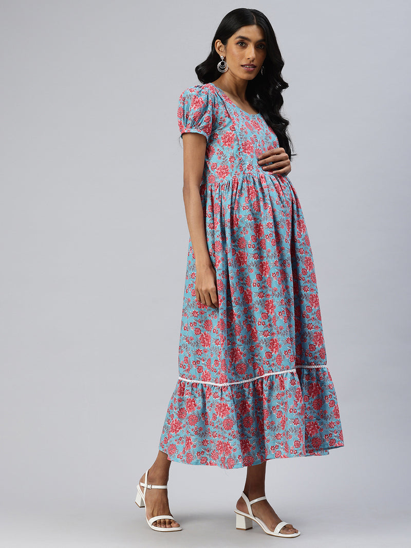 EXP - Yash Blue And Red Floral Print  Nursing  Dress