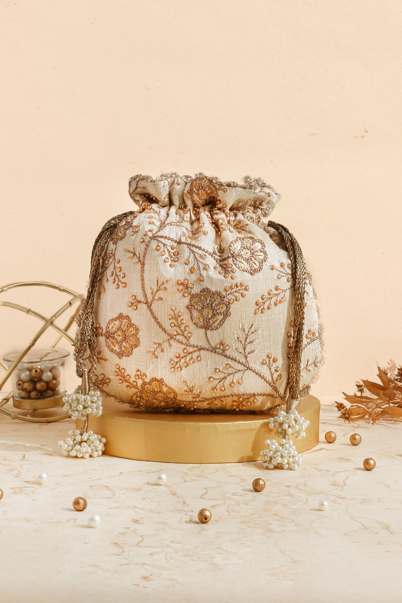 Cream Embroidered Scallop Potli Bag