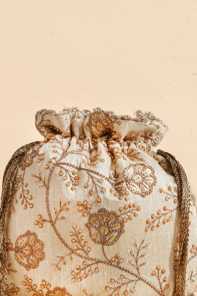 Cream Embroidered Scallop Potli Bag