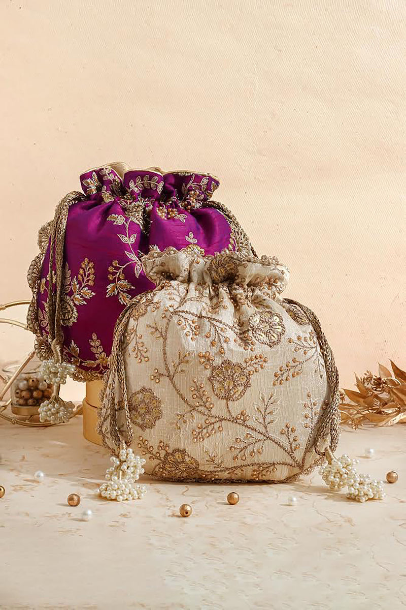 Cream Embroidered Scallop Potli Bag