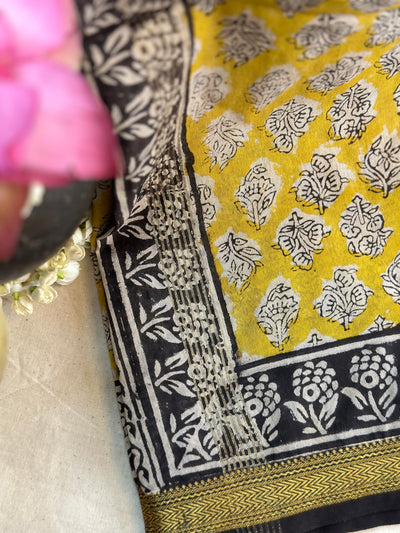 EXP - Kanmani  yellow with black Handblock printed Maheshwari silk cotton saree