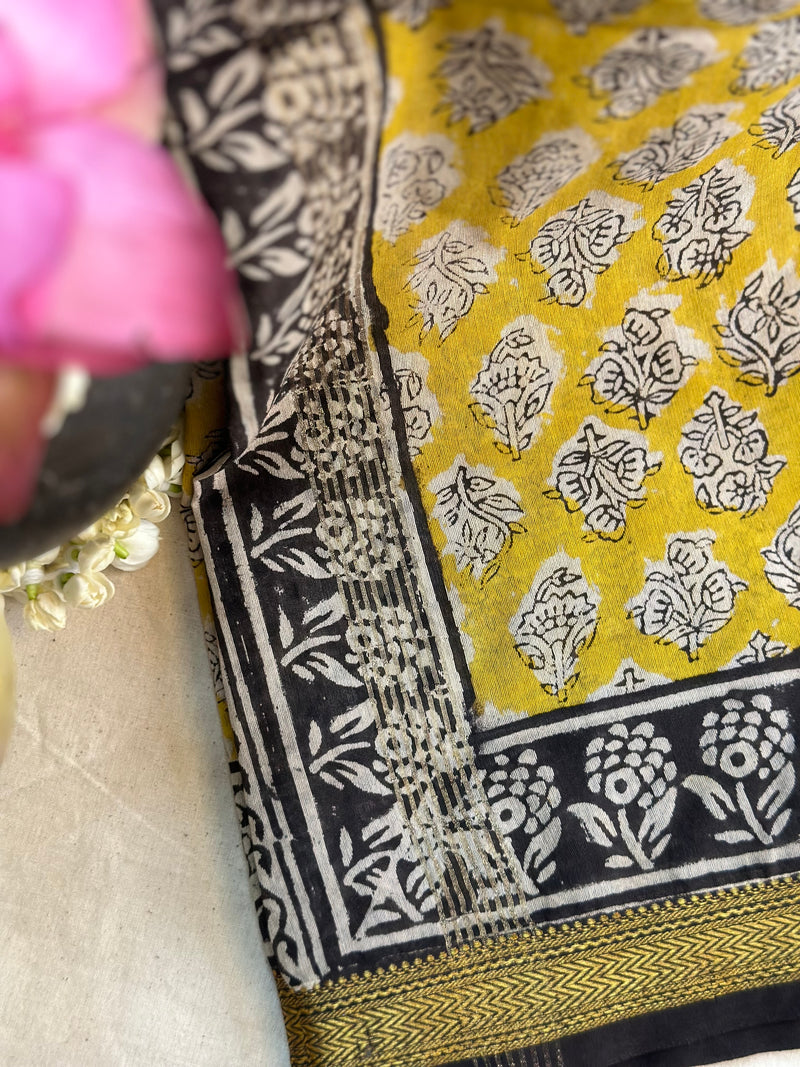 EXP - Kanmani  yellow with black Handblock printed Maheshwari silk cotton saree