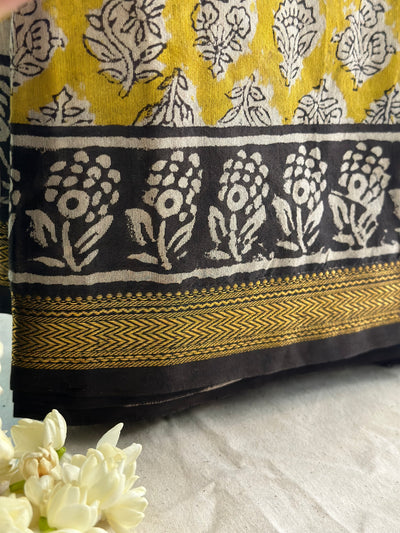 EXP - Kanmani  yellow with black Handblock printed Maheshwari silk cotton saree