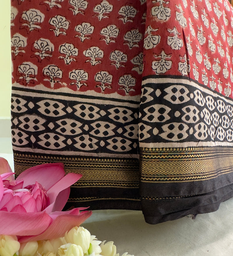 EXP - Kanmani Brick Handblock printed Maheshwari silk cotton saree