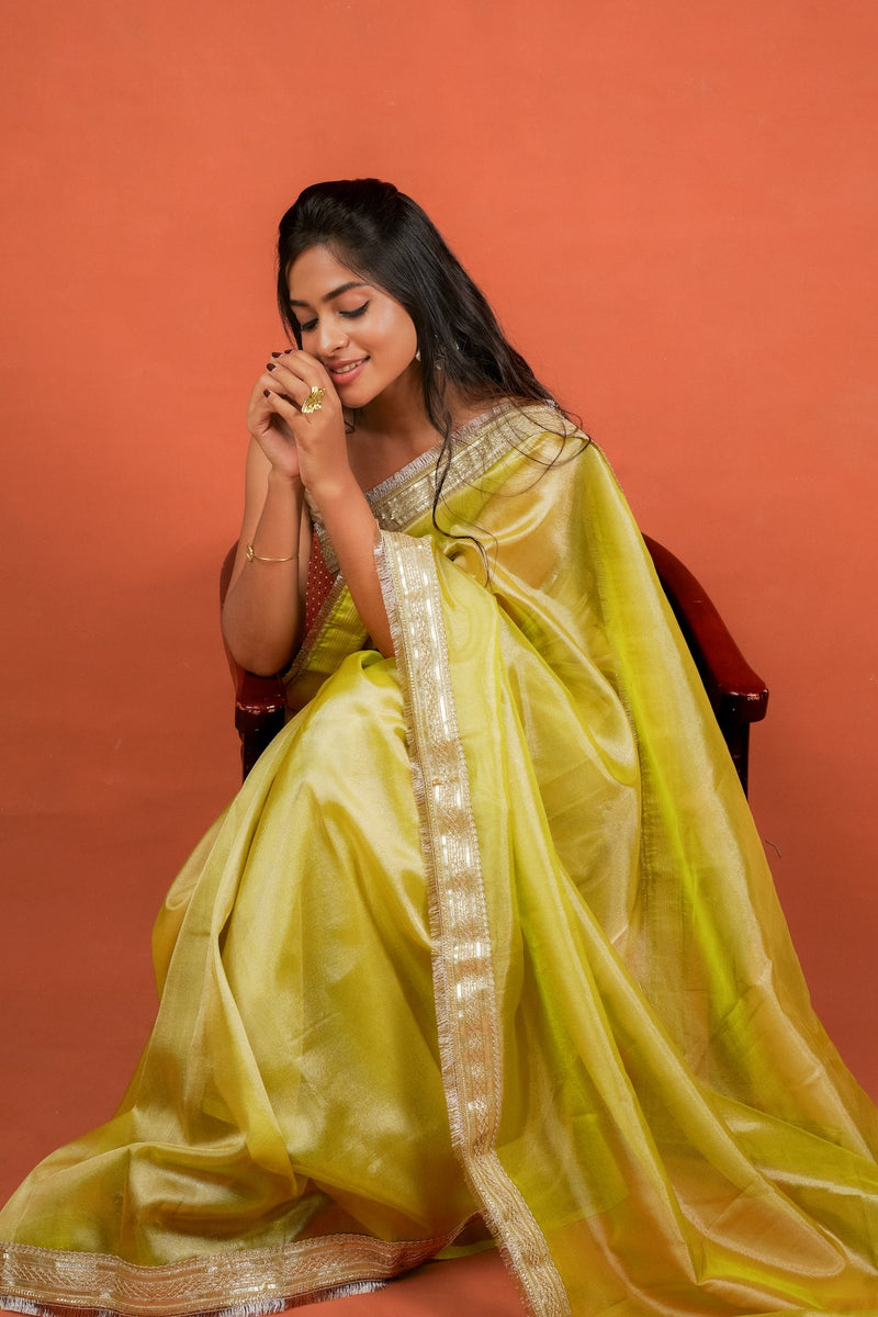 Alya - Tissue Silk Saree - Key Lime + Silver Gotta