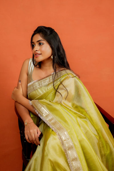 Alya - Tissue Silk Saree - Key Lime + Silver Gotta