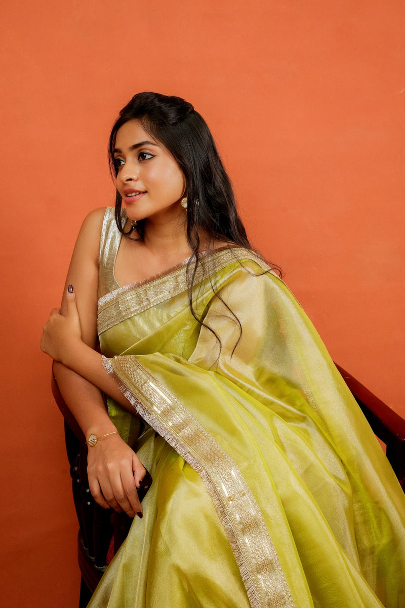 Alya - Tissue Silk Saree - Key Lime + Silver Gotta