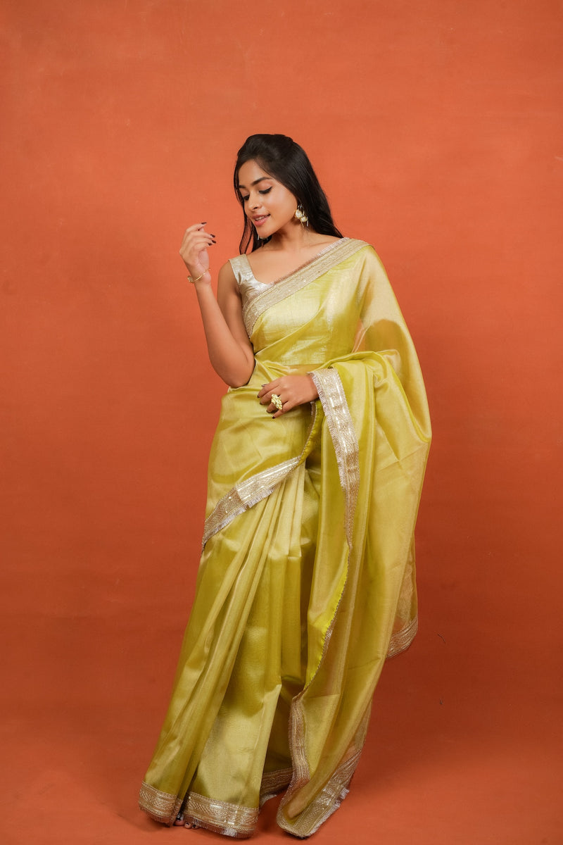 Alya - Tissue Silk Saree - Key Lime + Silver Gotta