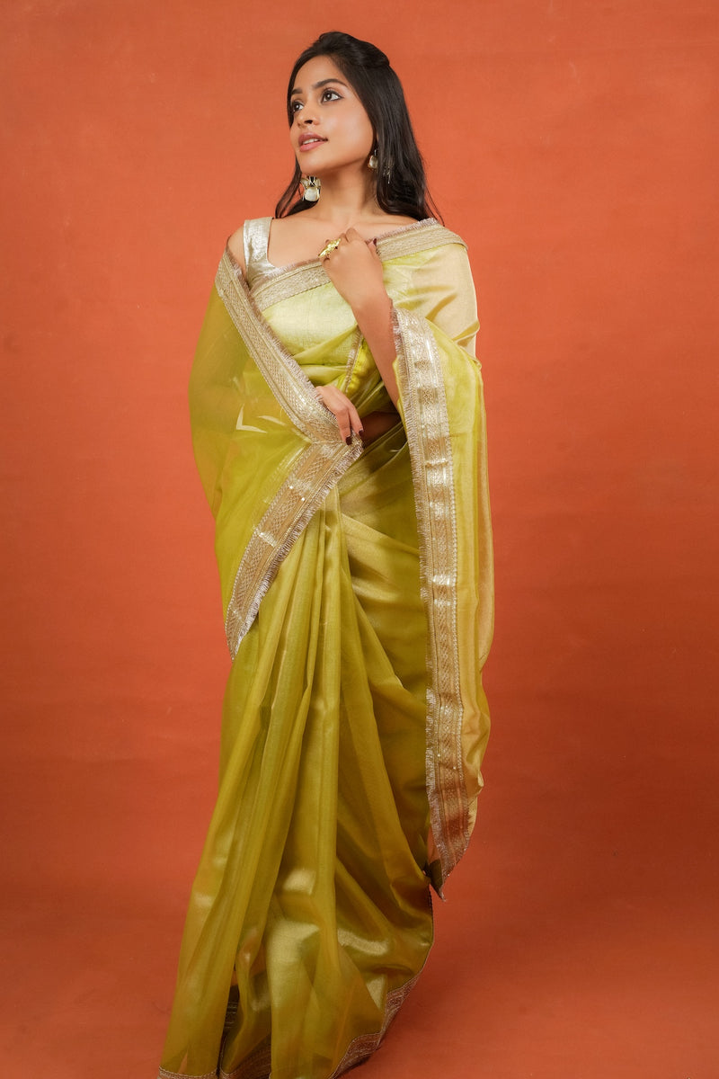 Alya - Tissue Silk Saree - Key Lime + Silver Gotta