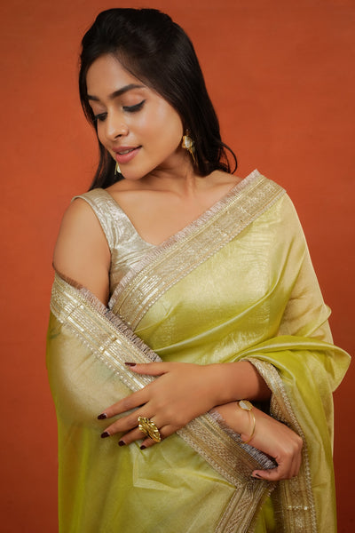 Alya - Tissue Silk Saree - Key Lime + Silver Gotta