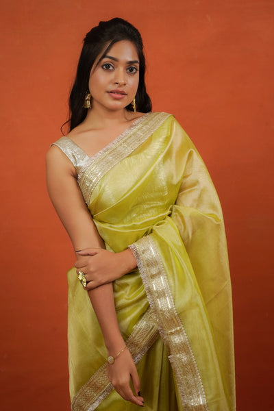 Alya - Tissue Silk Saree - Key Lime + Silver Gotta
