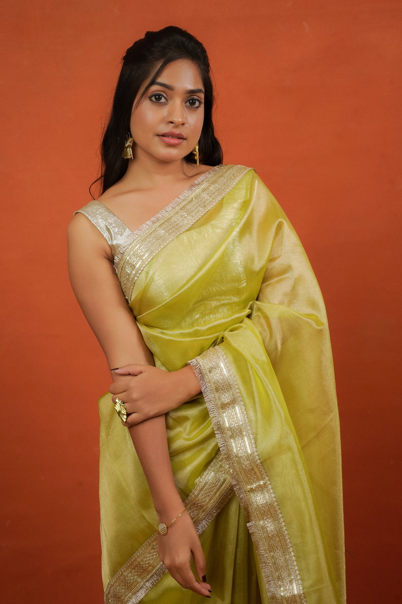 Alya - Tissue Silk Saree - Key Lime + Silver Gotta