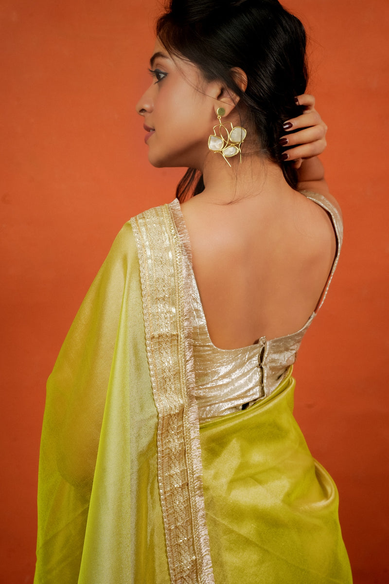 Alya - Tissue Silk Saree - Key Lime + Silver Gotta