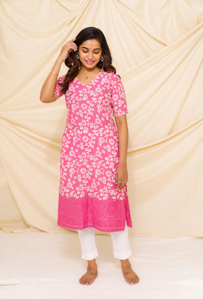 Janani Pink  (Pink Floral Thread Work Border Cotton)