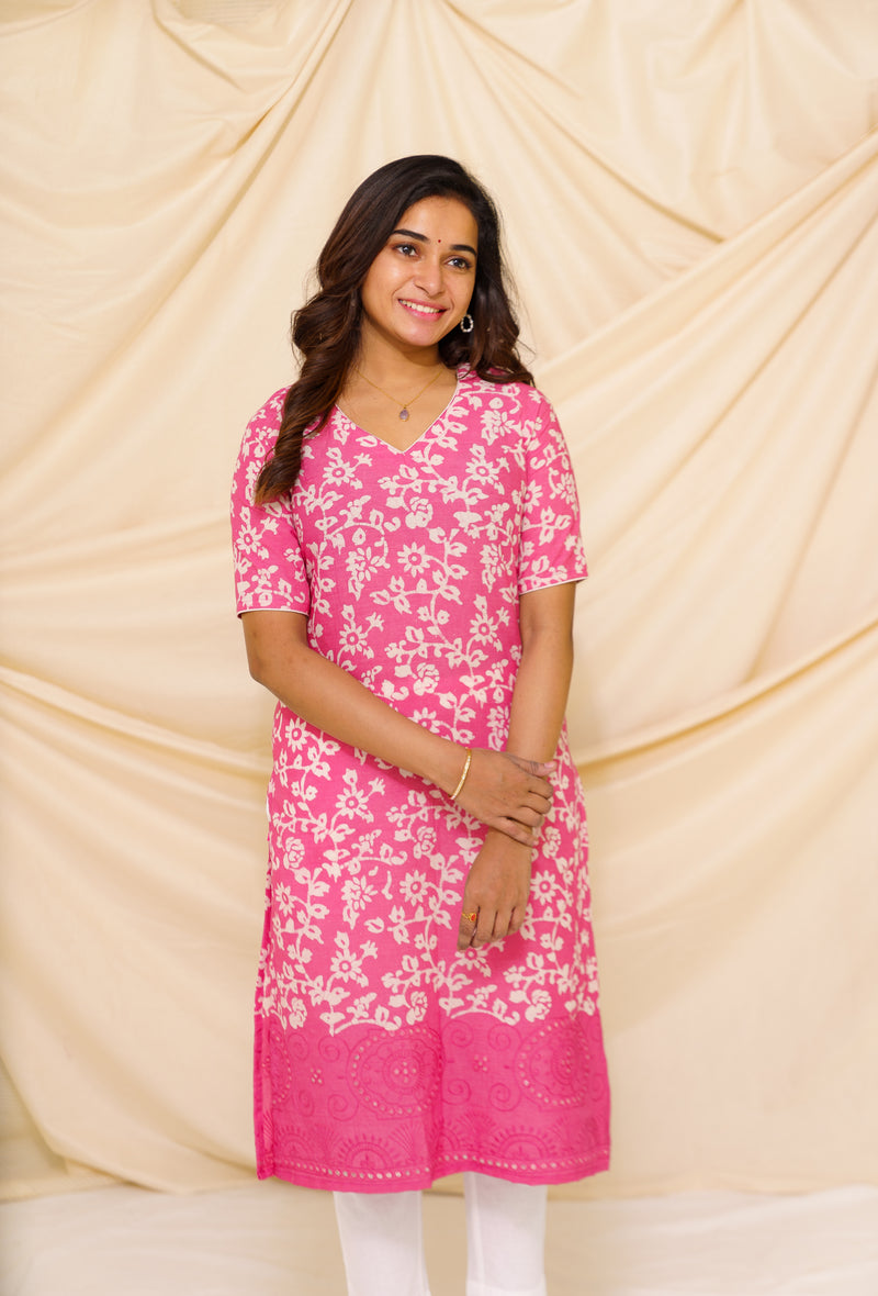 Janani Pink  (Pink Floral Thread Work Border Cotton)