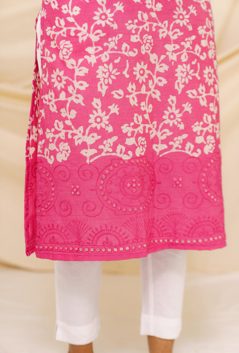 Janani Pink  (Pink Floral Thread Work Border Cotton)