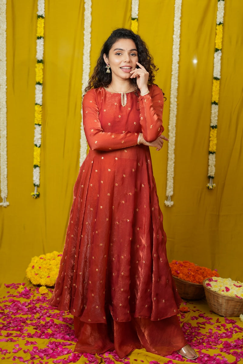 Pirainila Rust Orange Anarkali Kurta Set