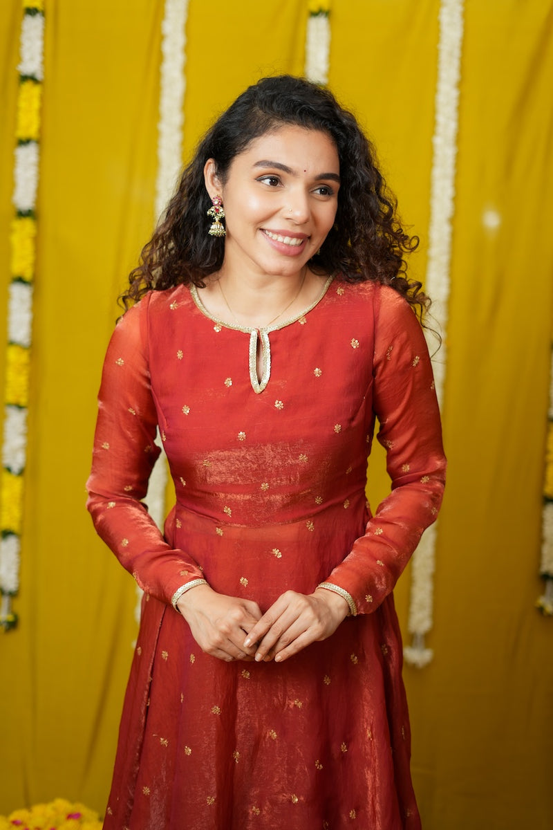 Pirainila Rust Orange Anarkali Kurta Set