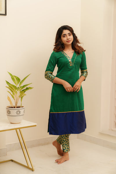 Bency Green & Blue Brocade Kurti Set