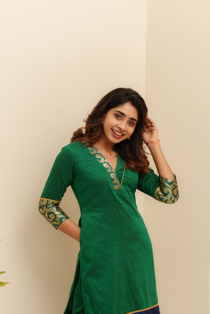 Bency Green & Blue Brocade Kurti Set