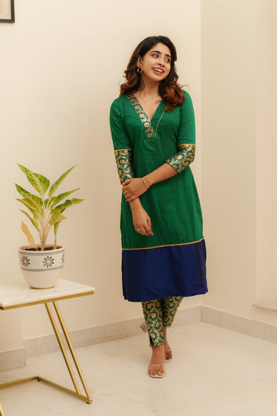 Bency Green & Blue Brocade Kurti Set