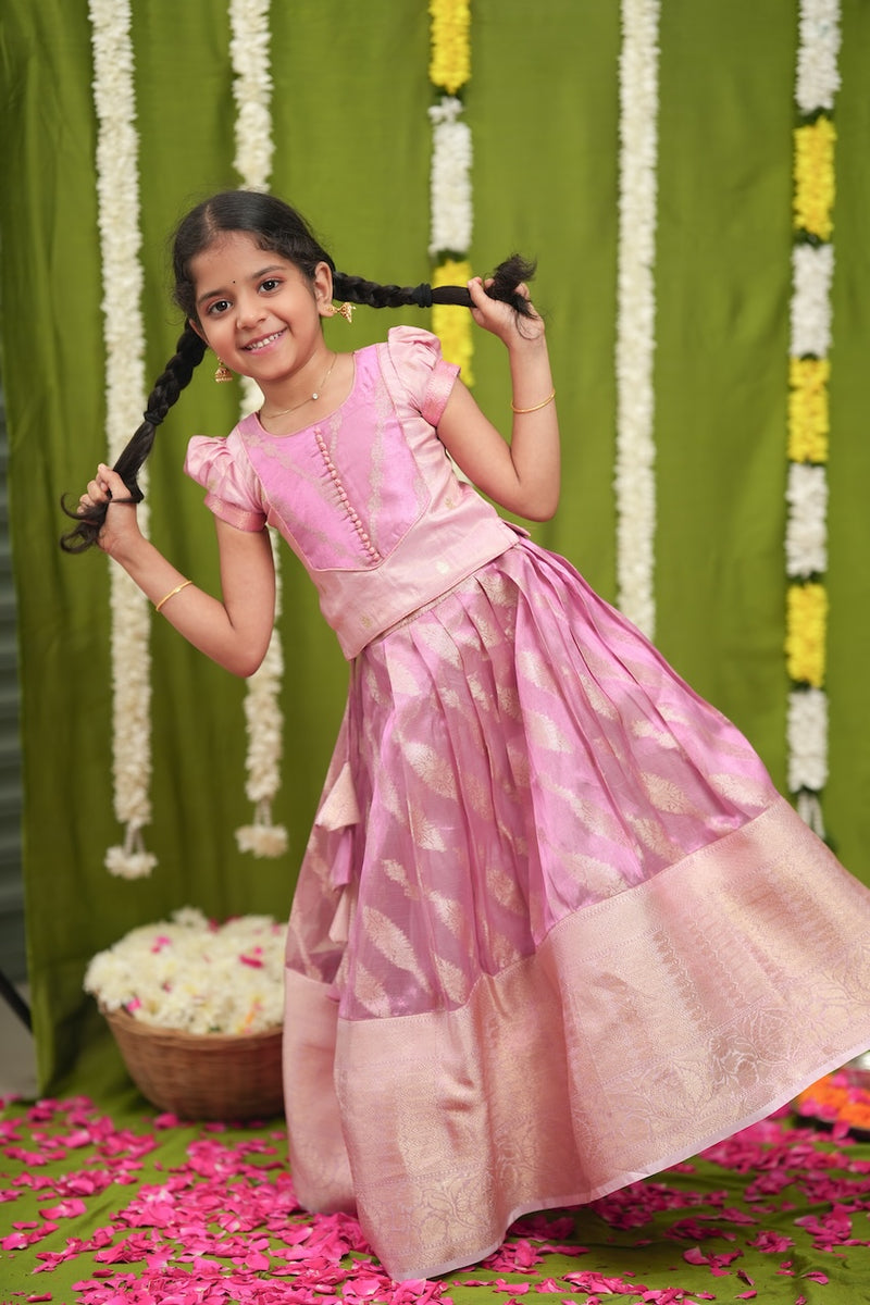 Aalaya Pink Banarasi Organza Lehenga Mini