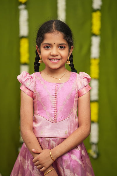 Aalaya Pink Banarasi Organza Lehenga Mini