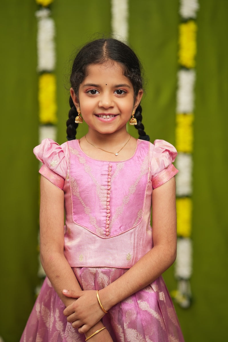Aalaya Pink Banarasi Organza Lehenga Mini